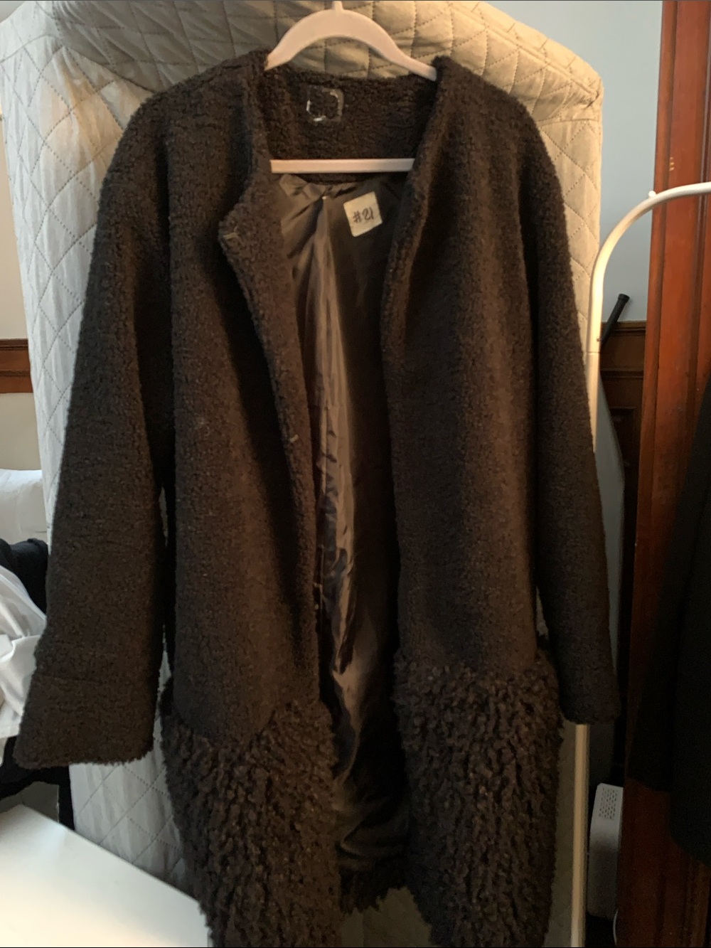 Zara Dark Brown Teddy Bouclé Coat with Textured Hem